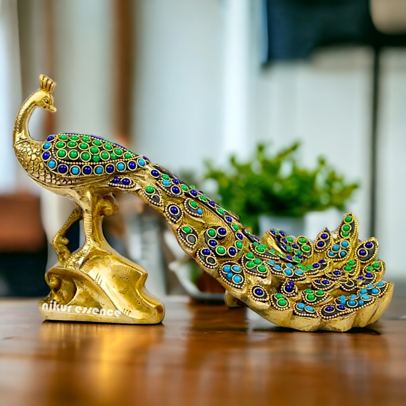 Brass Peacock Idol with Stone work - 12 inch Nikuressence