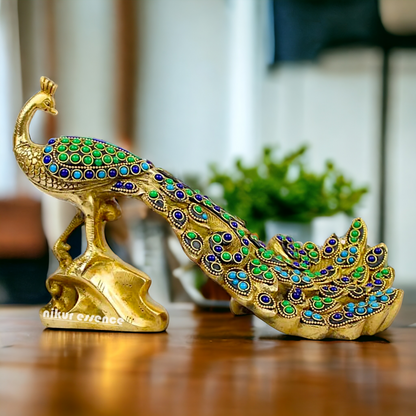Brass Peacock Idol with Stone work - 12 inch Nikuressence