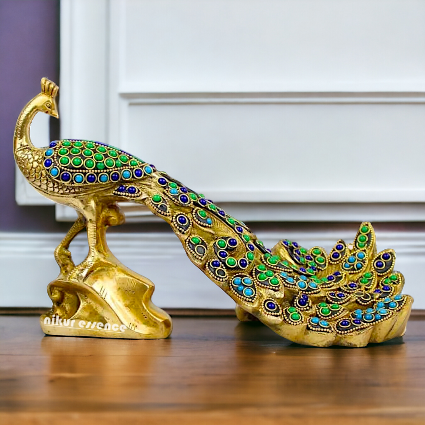 Brass Peacock Idol with Stone work - 12 inch Nikuressence