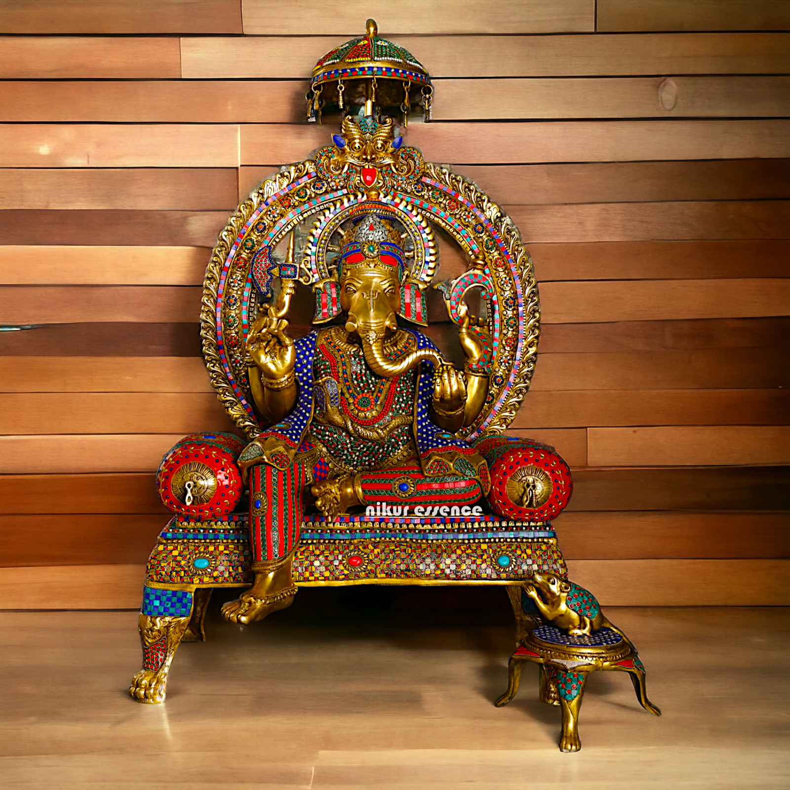 Brass Ganesha Seated on Singhasan with Stone Work idol - 46 inches Nikuressence