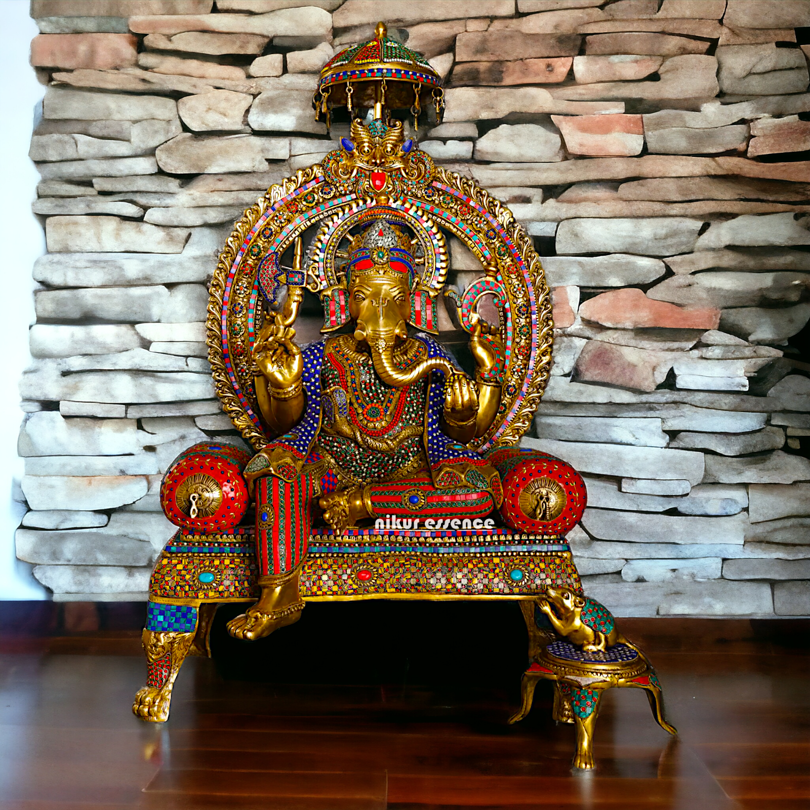 Brass Ganesha Seated on Singhasan with Stone Work idol - 46 inches Nikuressence