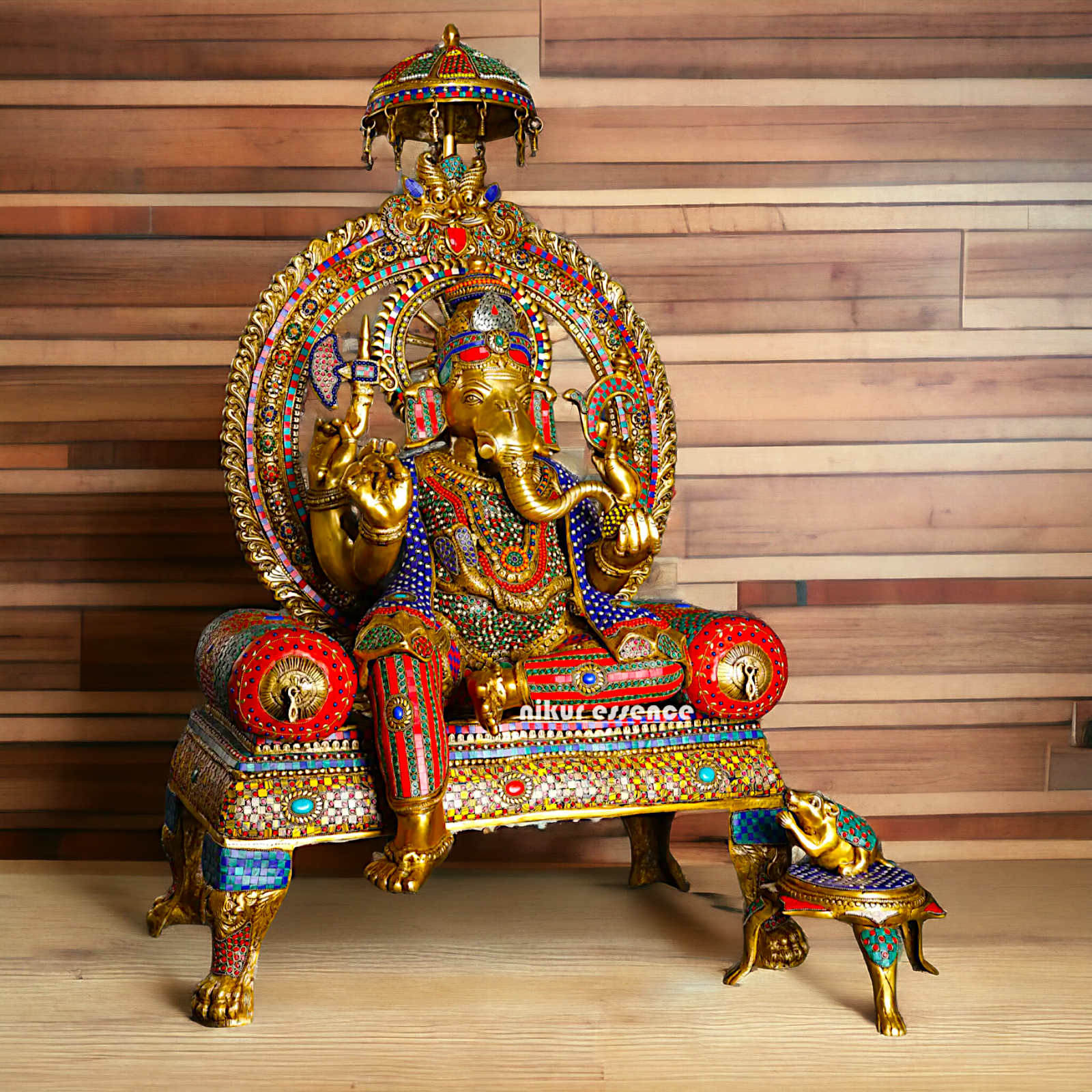 Brass Ganesha Seated on Singhasan with Stone Work idol - 46 inches Nikuressence