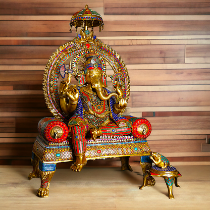 Brass Ganesha Seated on Singhasan with Stone Work idol - 46 inches Nikuressence