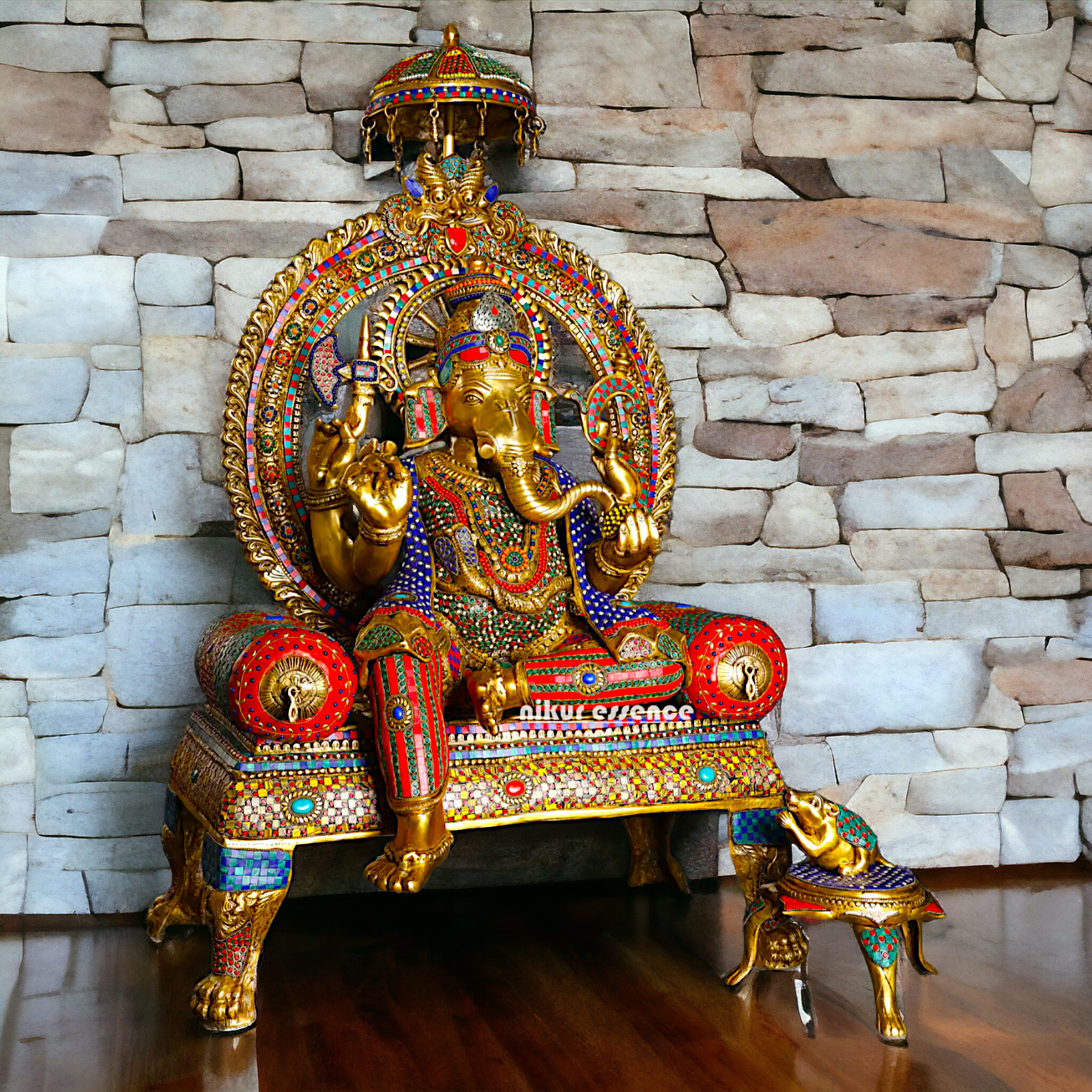 Brass Ganesha Seated on Singhasan with Stone Work idol - 46 inches Nikuressence