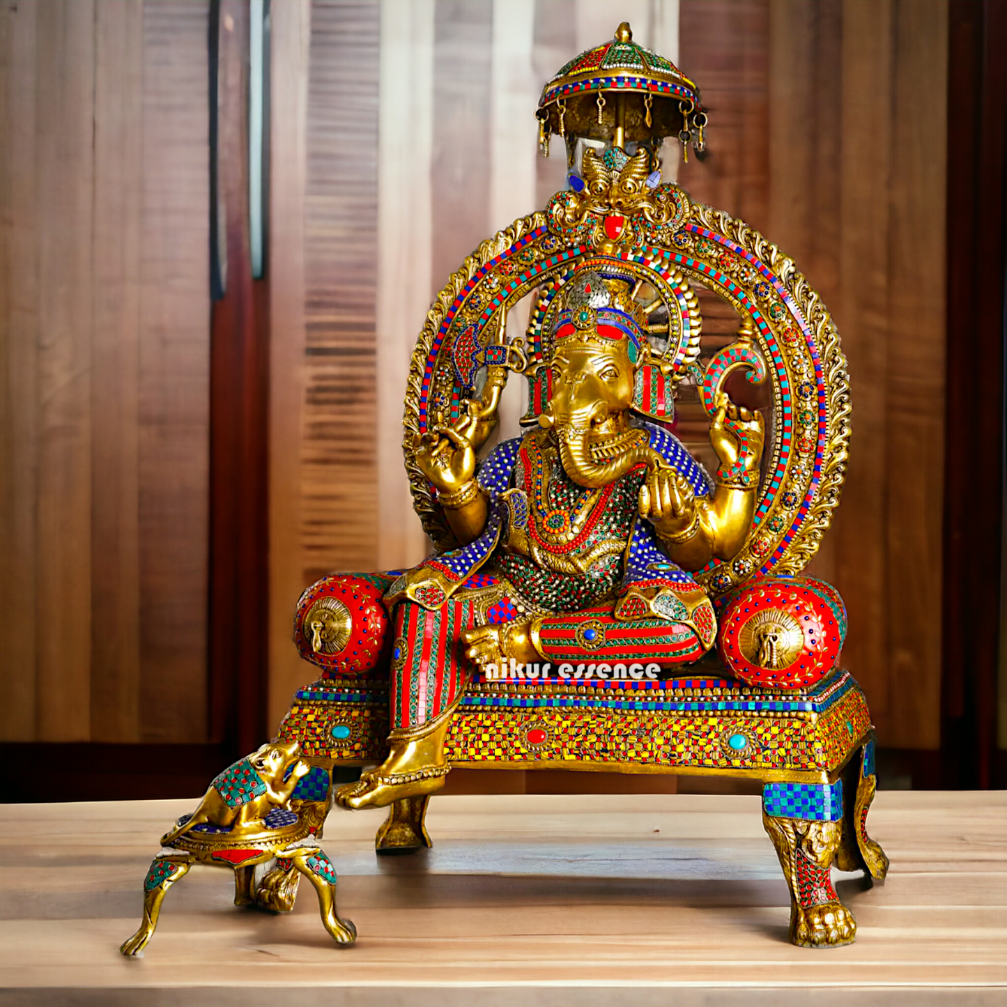 Brass Ganesha Seated on Singhasan with Stone Work idol - 46 inches Nikuressence