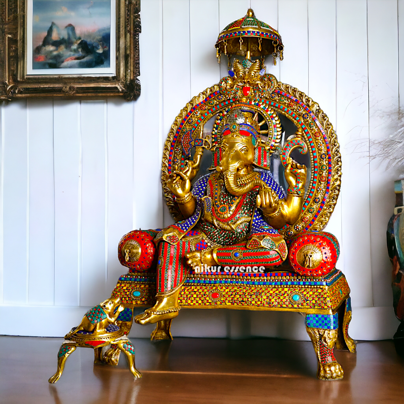 Brass Ganesha Seated on Singhasan with Stone Work idol - 46 inches Nikuressence