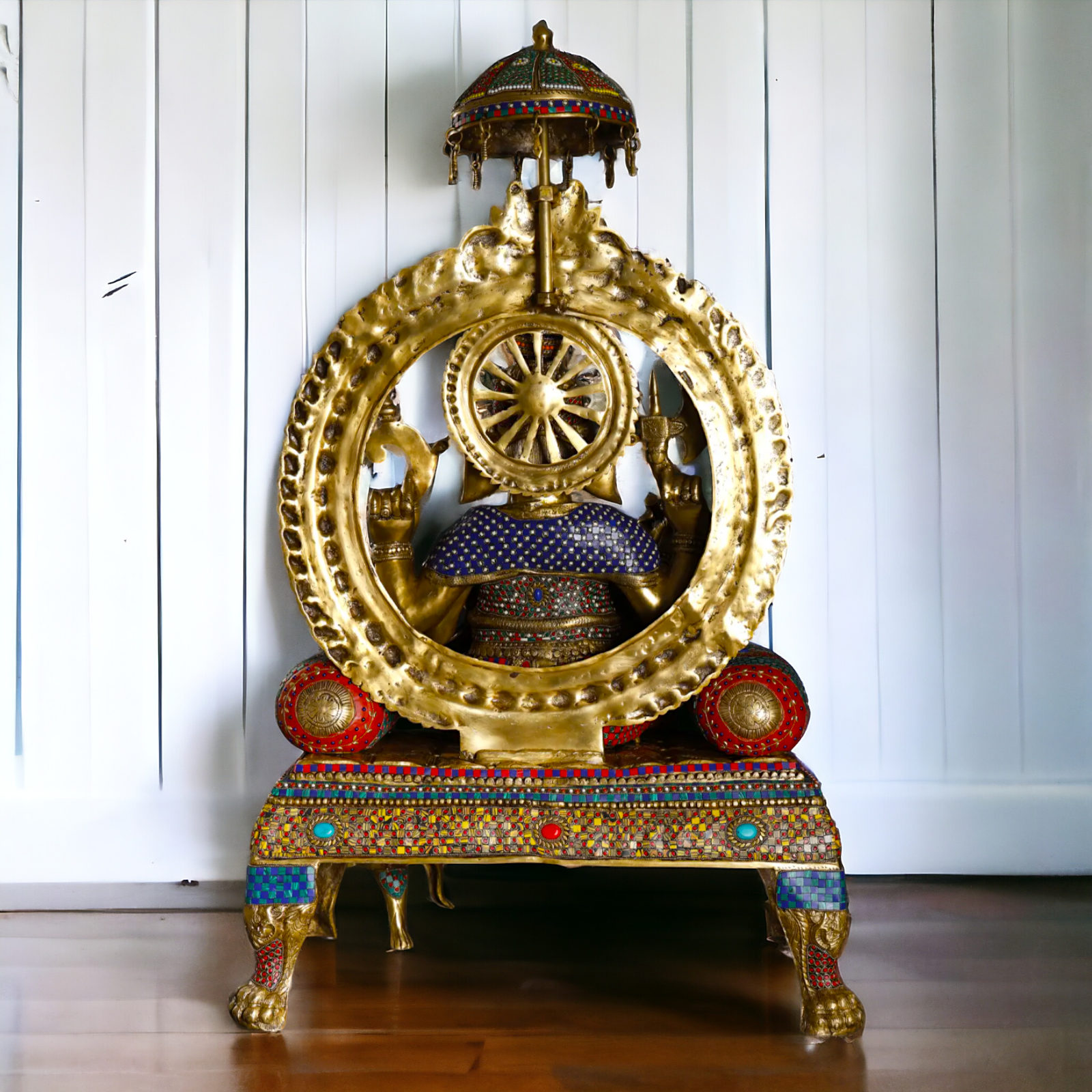 Brass Ganesha Seated on Singhasan with Stone Work idol - 46 inches Nikuressence