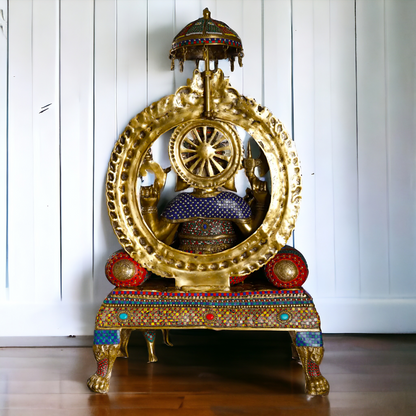 Brass Ganesha Seated on Singhasan with Stone Work idol - 46 inches Nikuressence