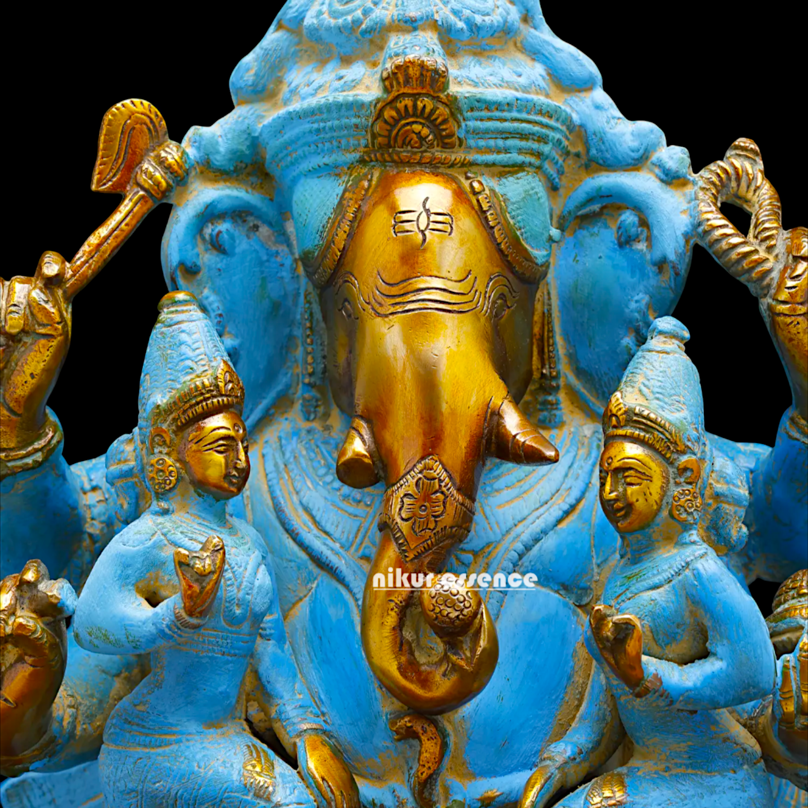 Blue Ganesha Sitting with Riddhi Siddhi Brass idol - 12 inches Nikuressence