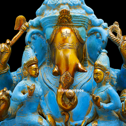 Blue Ganesha Sitting with Riddhi Siddhi Brass idol - 12 inches Nikuressence