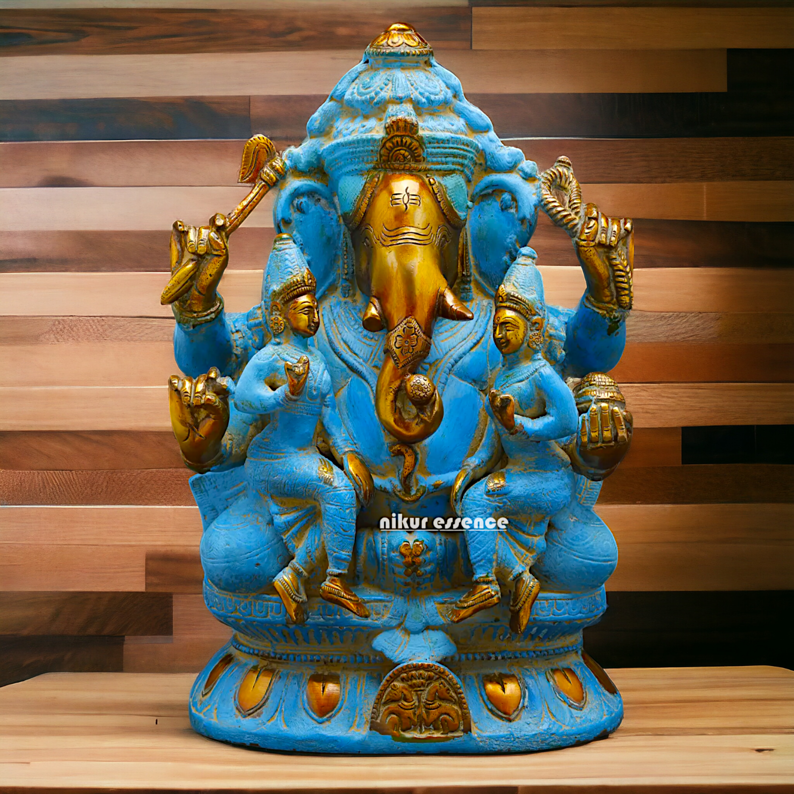Blue Ganesha Sitting with Riddhi Siddhi Brass idol - 12 inches Nikuressence