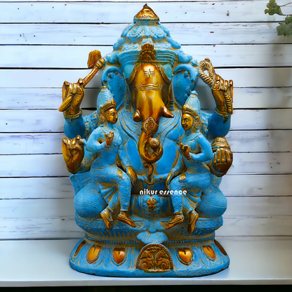 Blue Ganesha Sitting with Riddhi Siddhi Brass idol - 12 inches Nikuressence