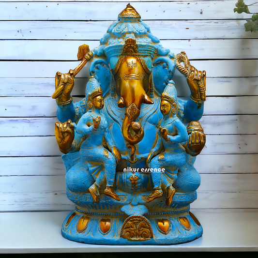 Blue Ganesha Sitting with Riddhi Siddhi Brass idol - 12 inches Nikuressence