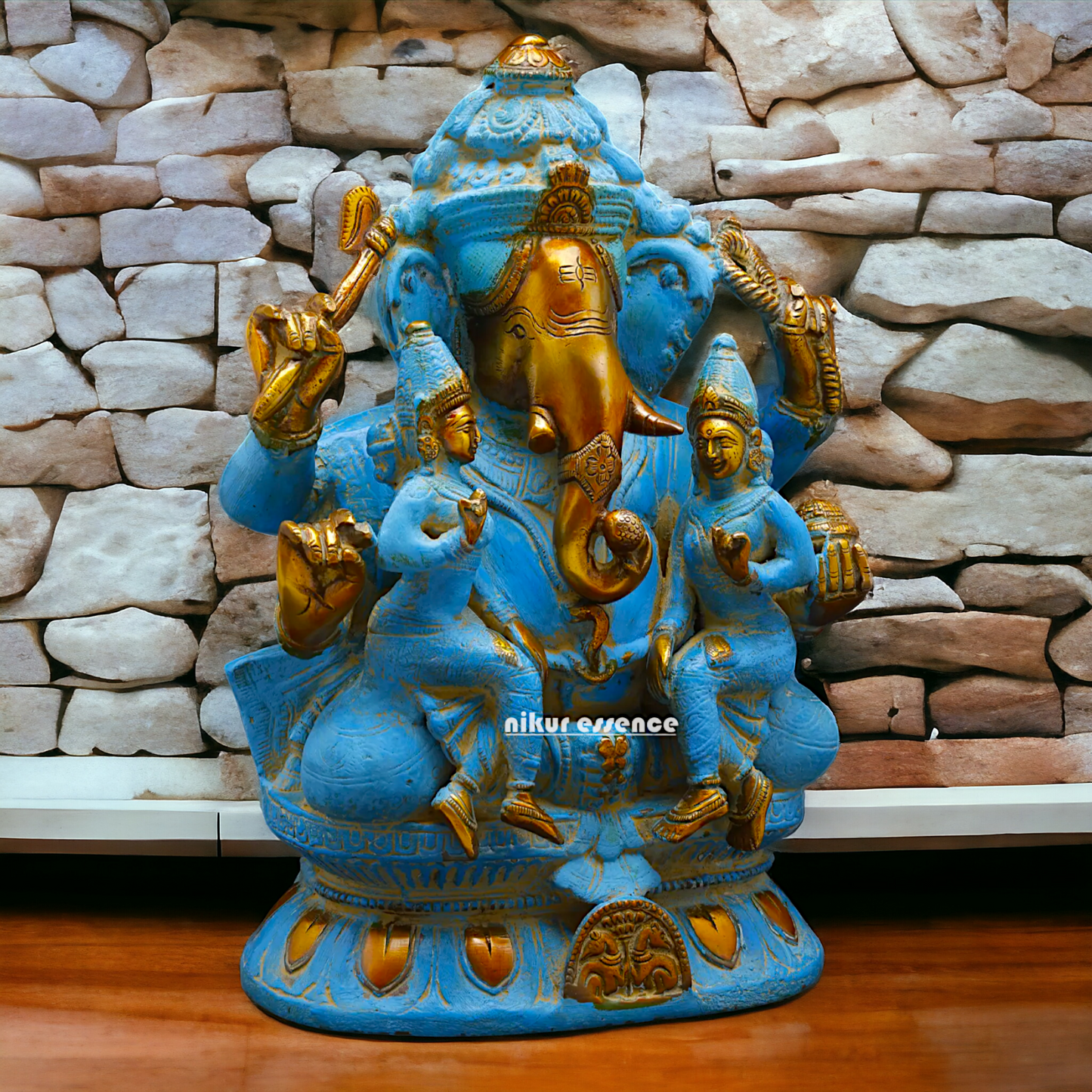 Blue Ganesha Sitting with Riddhi Siddhi Brass idol - 12 inches Nikuressence