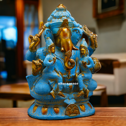 Blue Ganesha Sitting with Riddhi Siddhi Brass idol - 12 inches Nikuressence