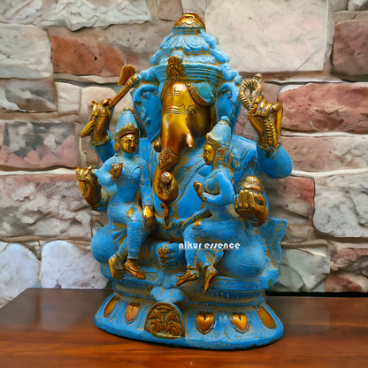Blue Ganesha Sitting with Riddhi Siddhi Brass idol - 12 inches Nikuressence