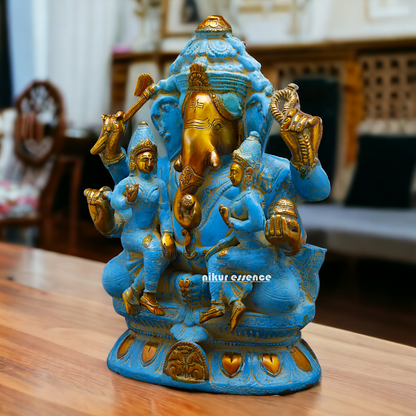 Blue Ganesha Sitting with Riddhi Siddhi Brass idol - 12 inches Nikuressence