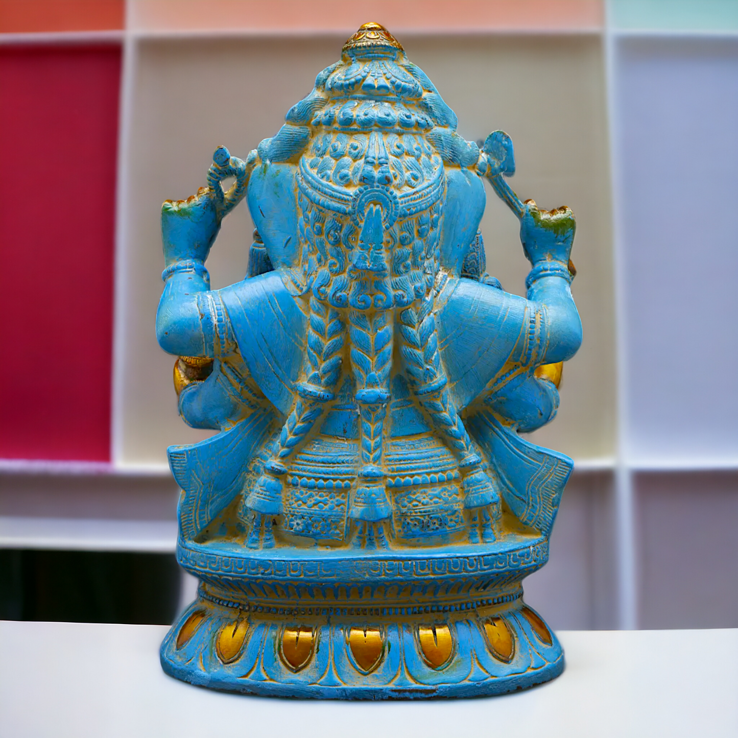 Blue Ganesha Sitting with Riddhi Siddhi Brass idol - 12 inches Nikuressence
