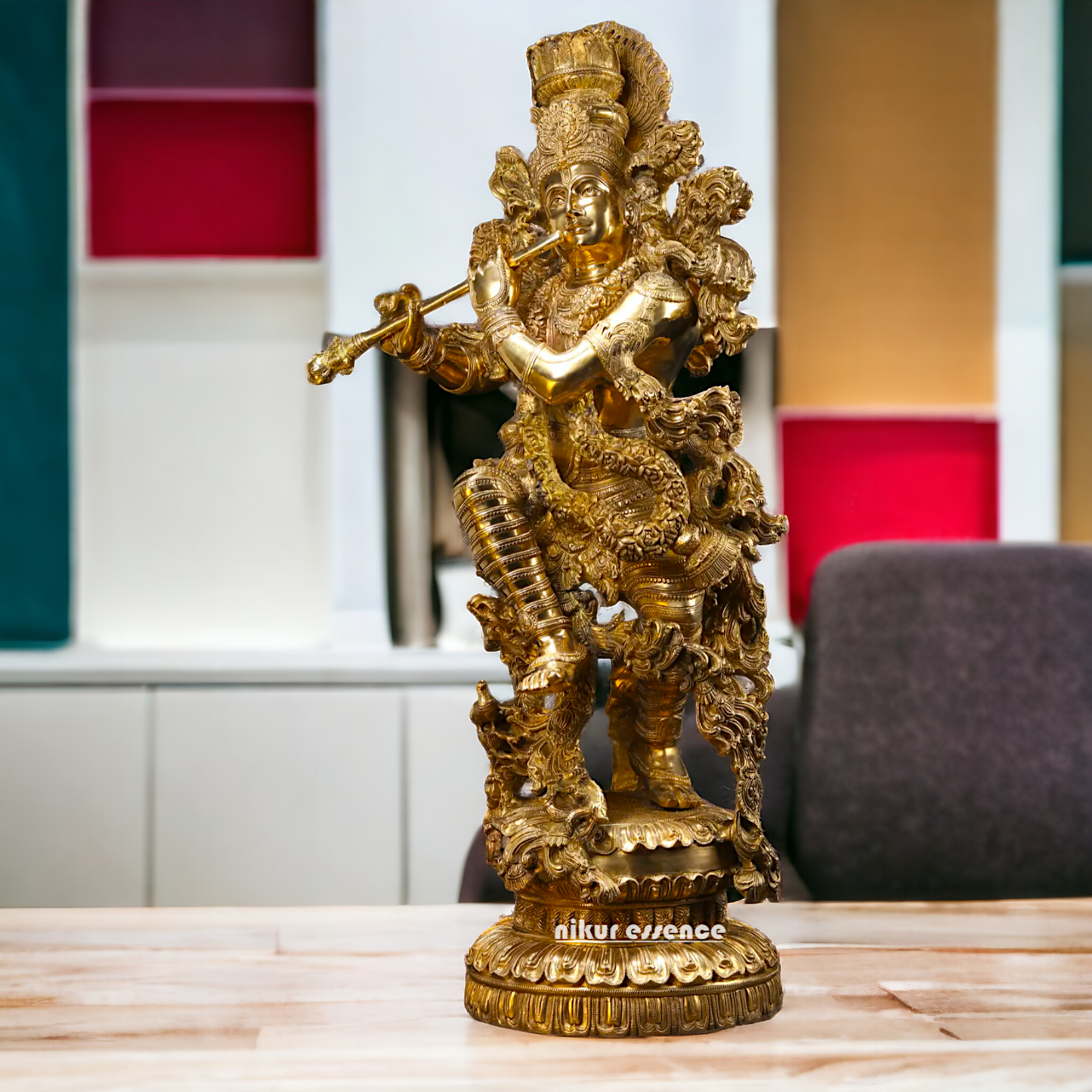Lord Krishna Standing Playing Flute Solid Brass statue - 43 inches Nikuressence