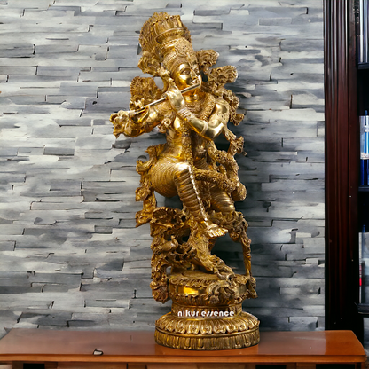 Lord Krishna Standing Playing Flute Solid Brass statue - 43 inches Nikuressence