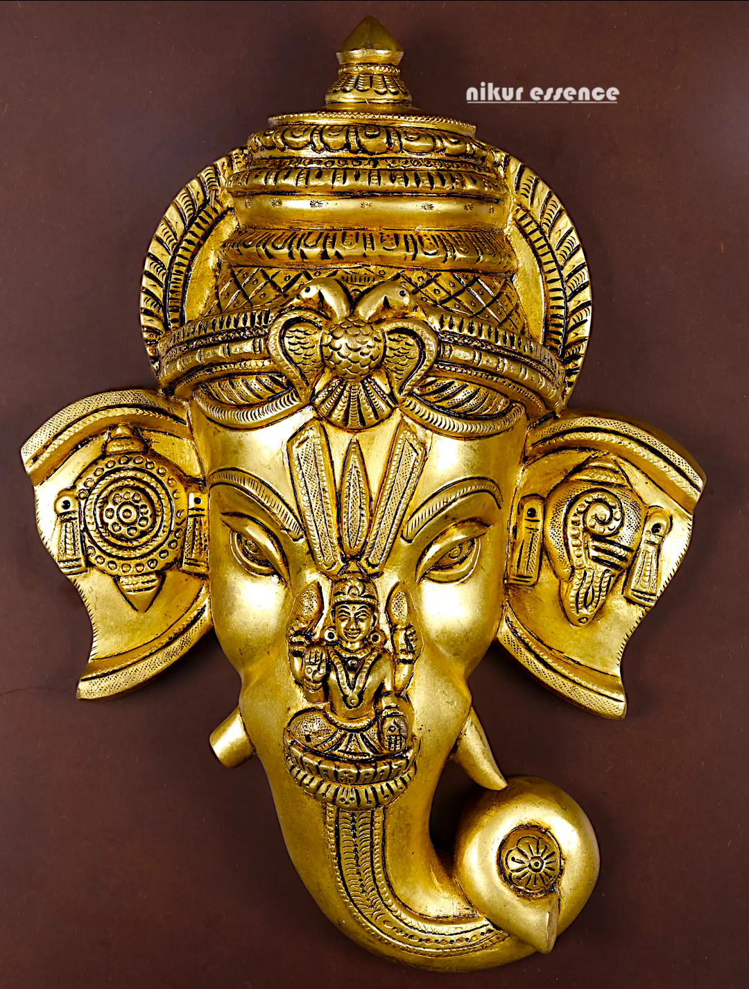 Lord Ganesha Ganpati Face Mask with Lakshmi Wall Hanging Brass statue - 20 inches Nikuressence