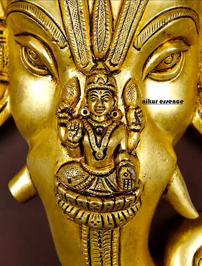 Lord Ganesha Ganpati Face Mask with Lakshmi Wall Hanging Brass statue - 20 inches Nikuressence