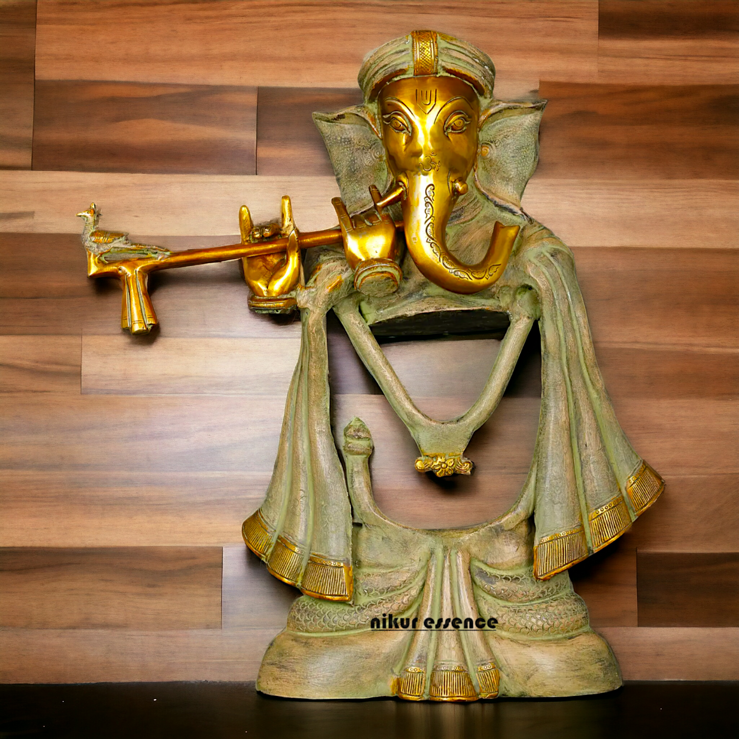 Lord Ganesha Playing Flute Brass Idol - 19 inches Nikuressence