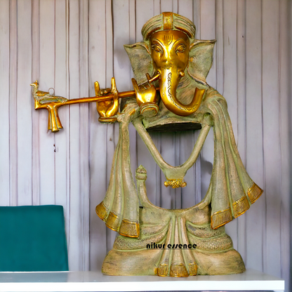 Lord Ganesha Playing Flute Brass Idol - 19 inches Nikuressence