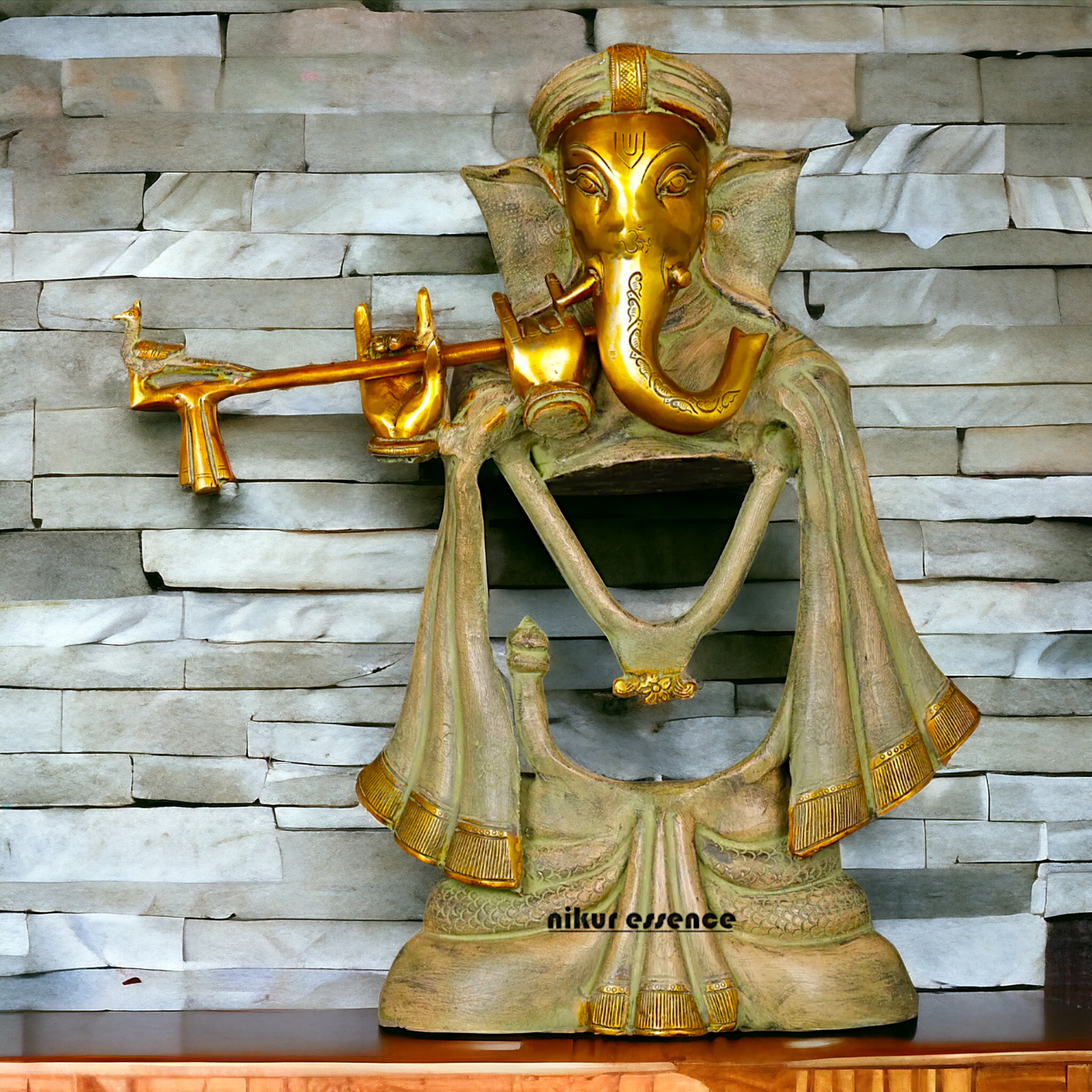 Lord Ganesha Playing Flute Brass Idol - 19 inches Nikuressence