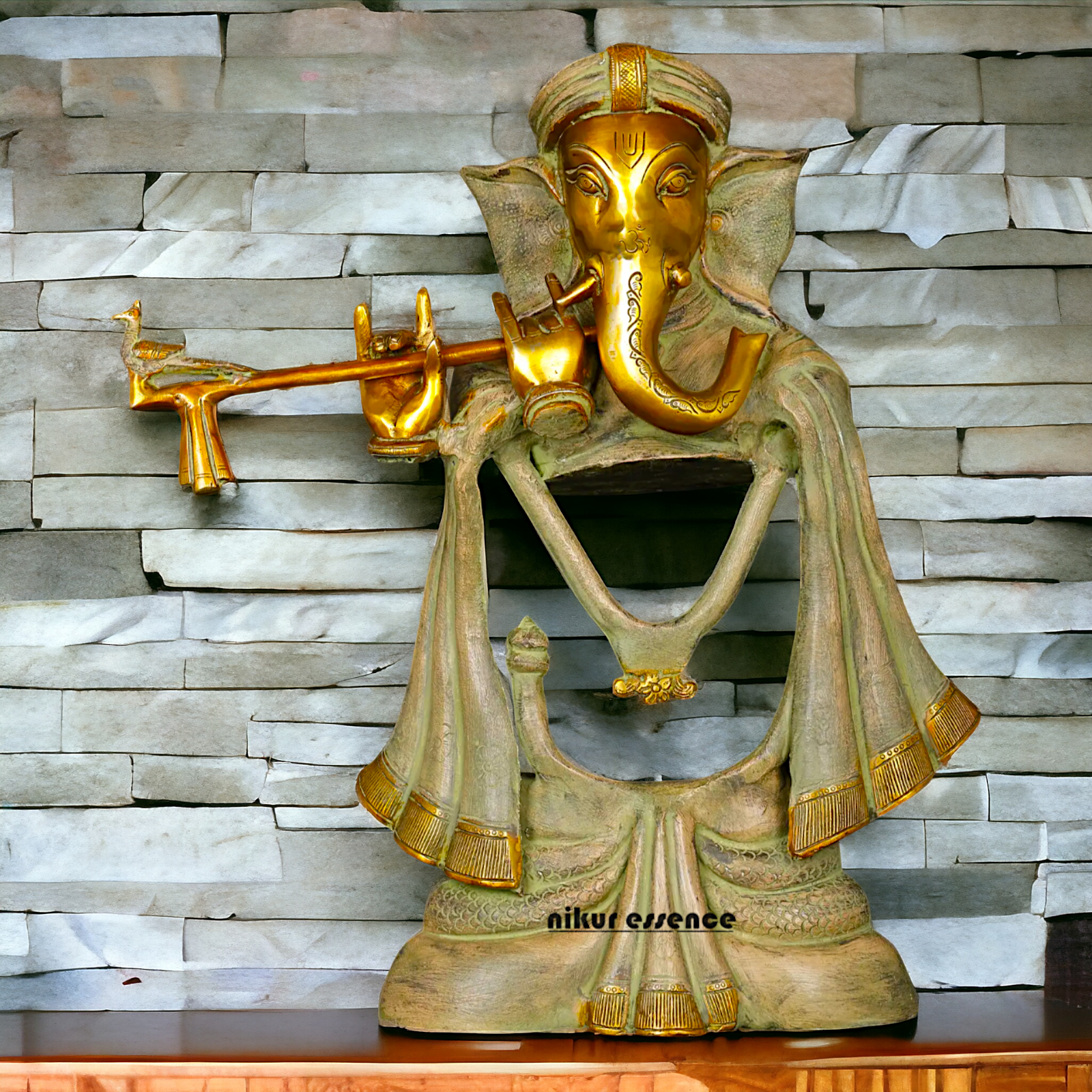 Lord Ganesha Playing Flute Brass Idol - 19 inches Nikuressence