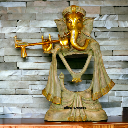 Lord Ganesha Playing Flute Brass Idol - 19 inches Nikuressence