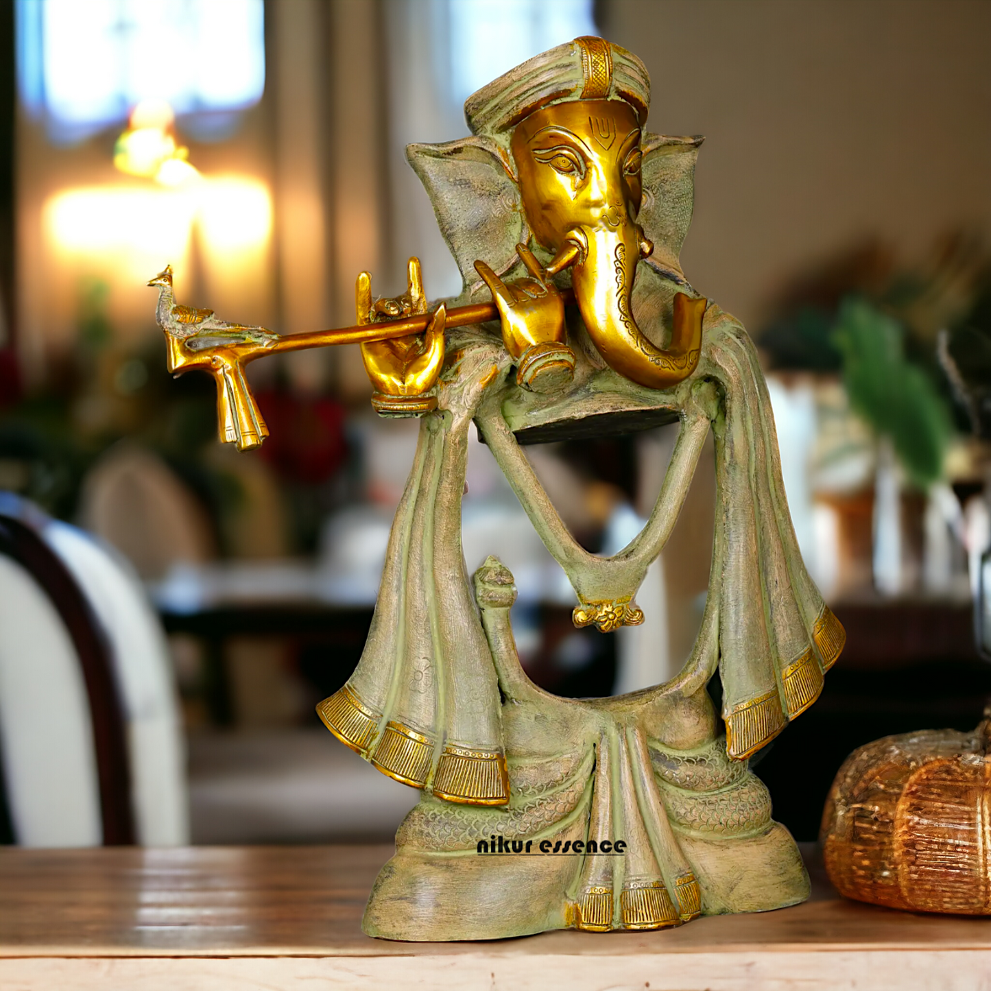 Lord Ganesha Playing Flute Brass Idol - 19 inches Nikuressence