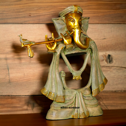 Lord Ganesha Playing Flute Brass Idol - 19 inches Nikuressence