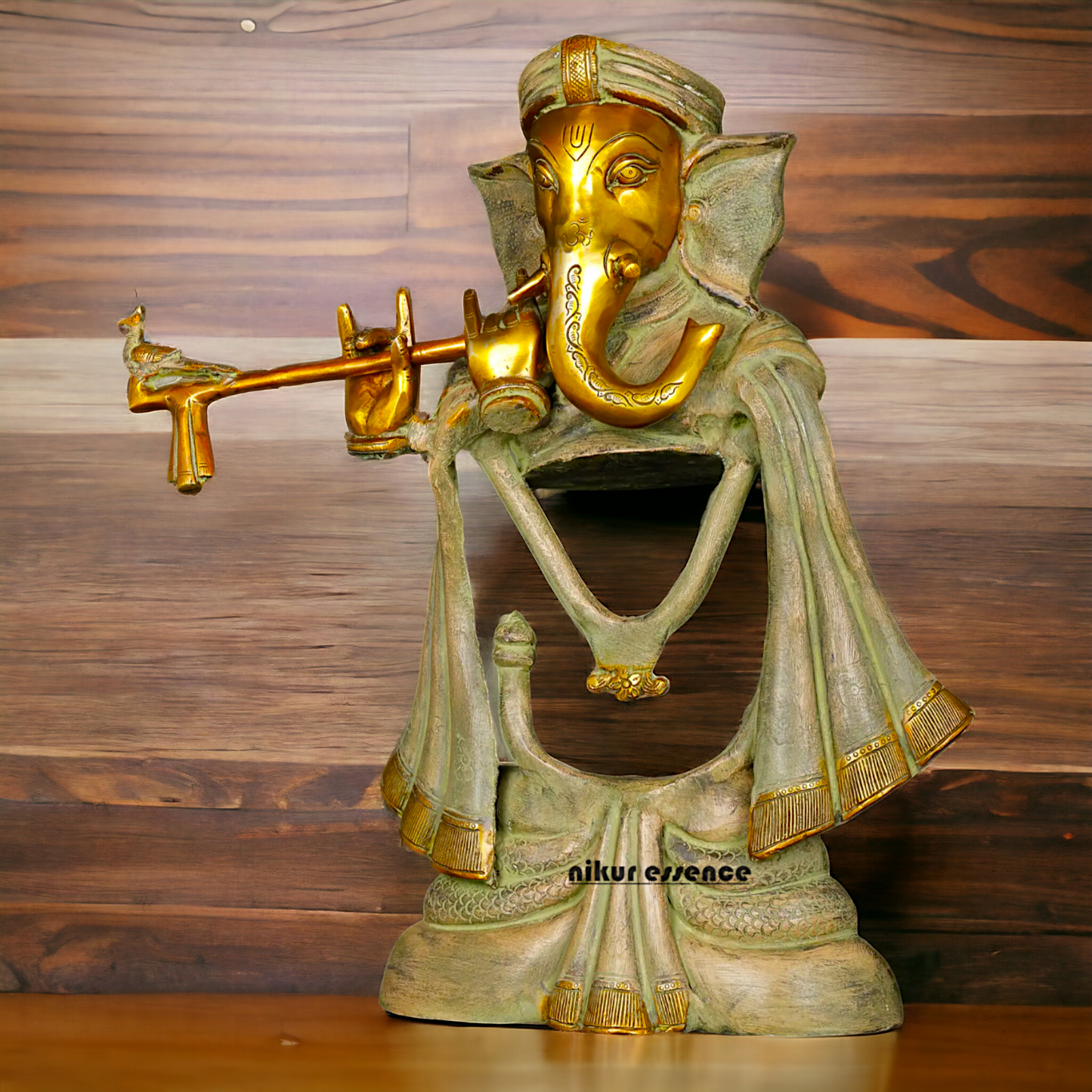 Lord Ganesha Playing Flute Brass Idol - 19 inches Nikuressence