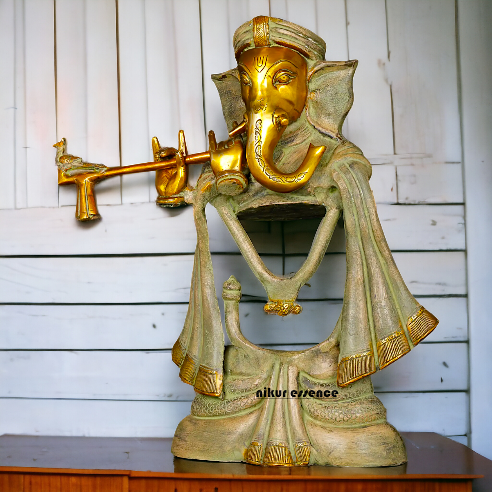 Lord Ganesha Playing Flute Brass Idol - 19 inches Nikuressence