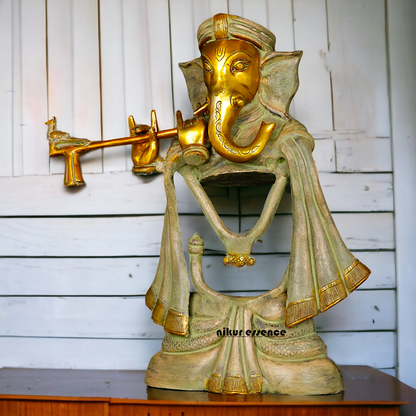 Lord Ganesha Playing Flute Brass Idol - 19 inches Nikuressence