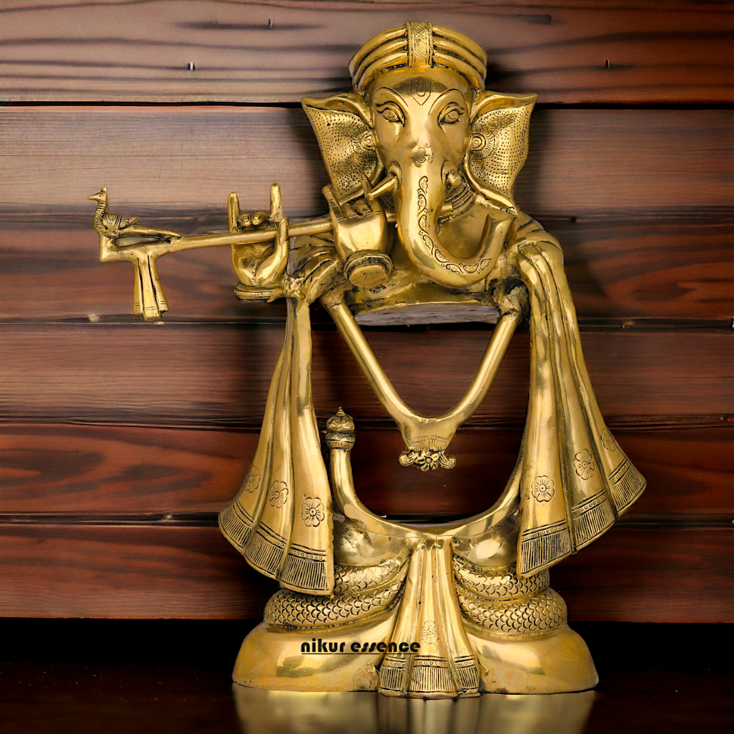 Big Ganesha Vinayaka Playing Flute Solid Brass Idol - 19 inches Nikuressence