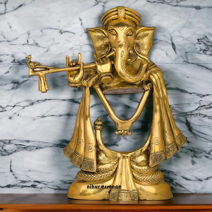 Big Ganesha Vinayaka Playing Flute Solid Brass Idol - 19 inches Nikuressence