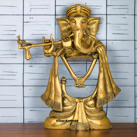 Big Ganesha Vinayaka Playing Flute Solid Brass Idol - 19 inches Nikuressence
