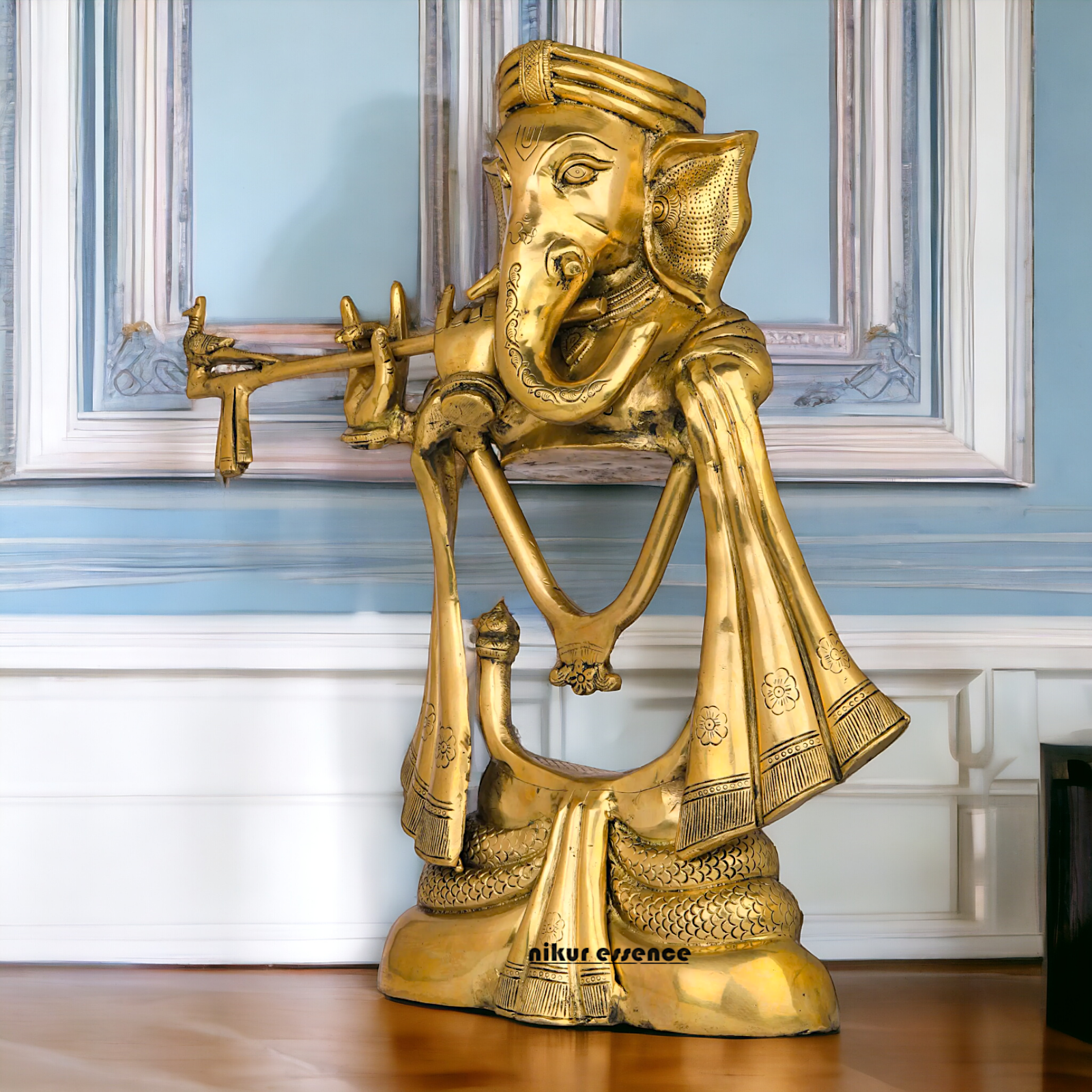 Big Ganesha Vinayaka Playing Flute Solid Brass Idol - 19 inches Nikuressence