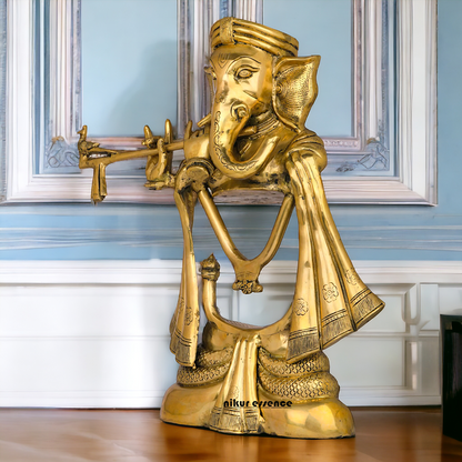 Big Ganesha Vinayaka Playing Flute Solid Brass Idol - 19 inches Nikuressence