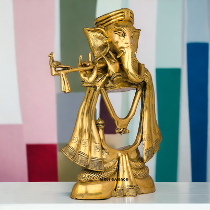 Big Ganesha Vinayaka Playing Flute Solid Brass Idol - 19 inches Nikuressence