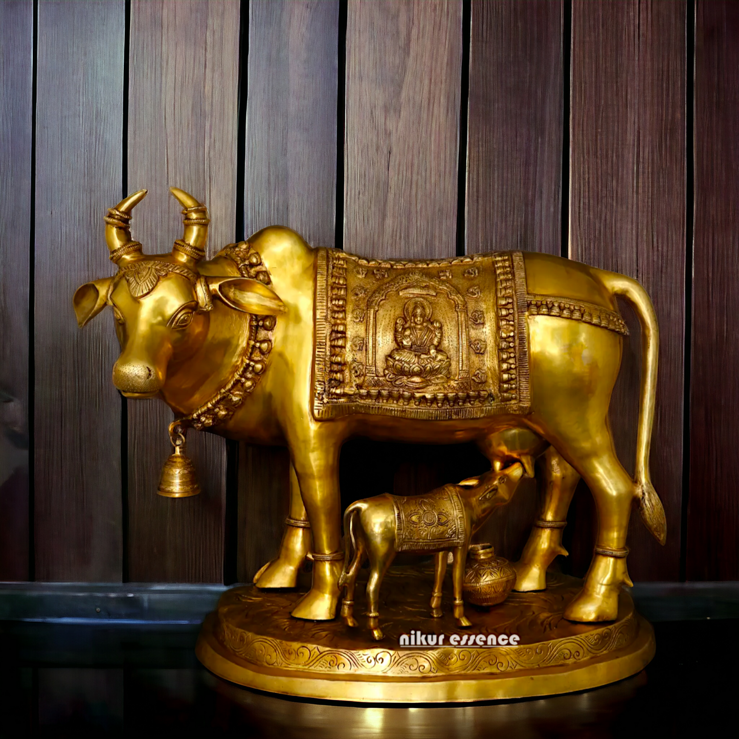 Big Cow kamadhenu with Calf Lakshmi Ganesh figurine Solid Brass idol - 34 Inches Nikuressence