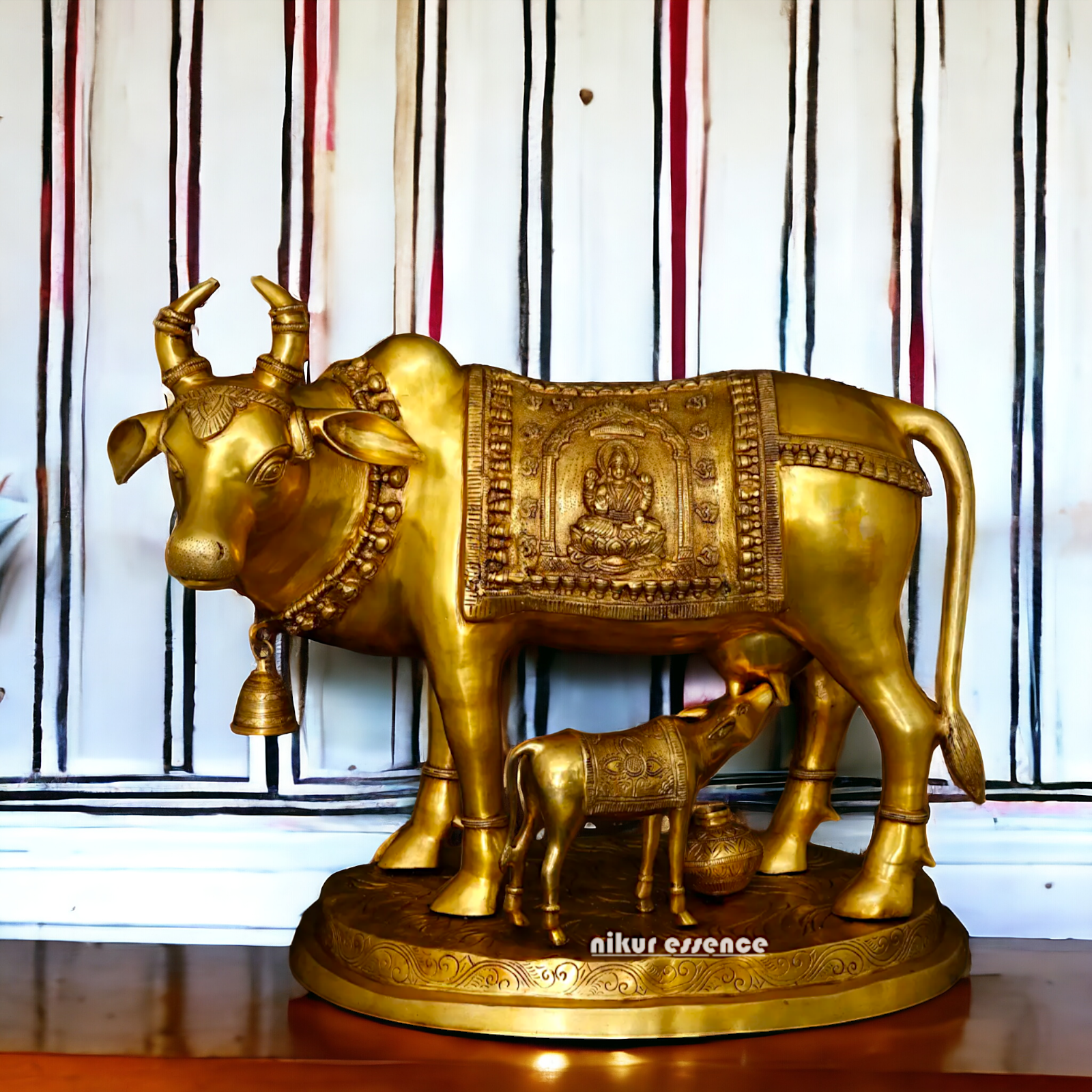 Big Cow kamadhenu with Calf Lakshmi Ganesh figurine Solid Brass idol - 34 Inches Nikuressence