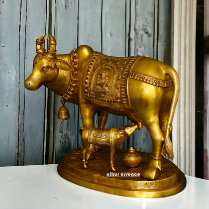 Big Cow kamadhenu with Calf Lakshmi Ganesh figurine Solid Brass idol - 34 Inches Nikuressence