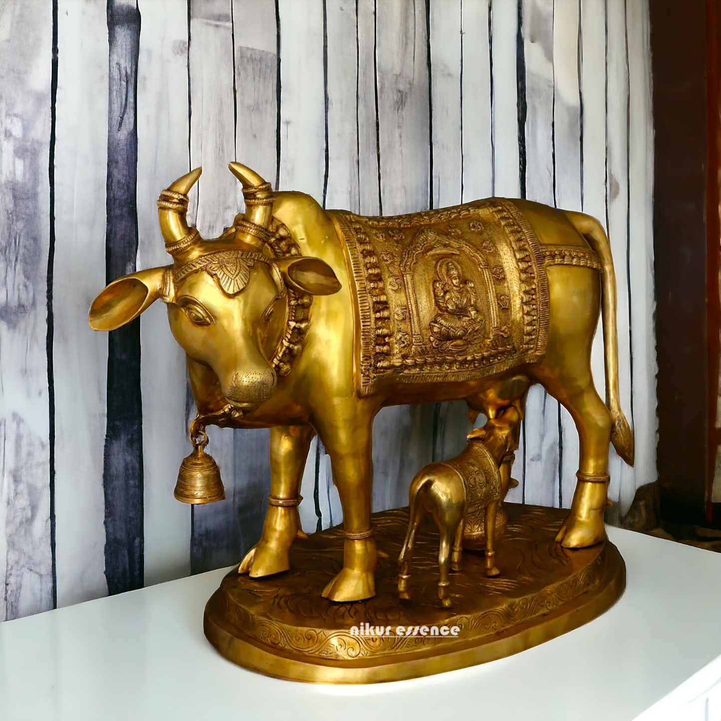 Big Cow kamadhenu with Calf Lakshmi Ganesh figurine Solid Brass idol - 34 Inches Nikuressence