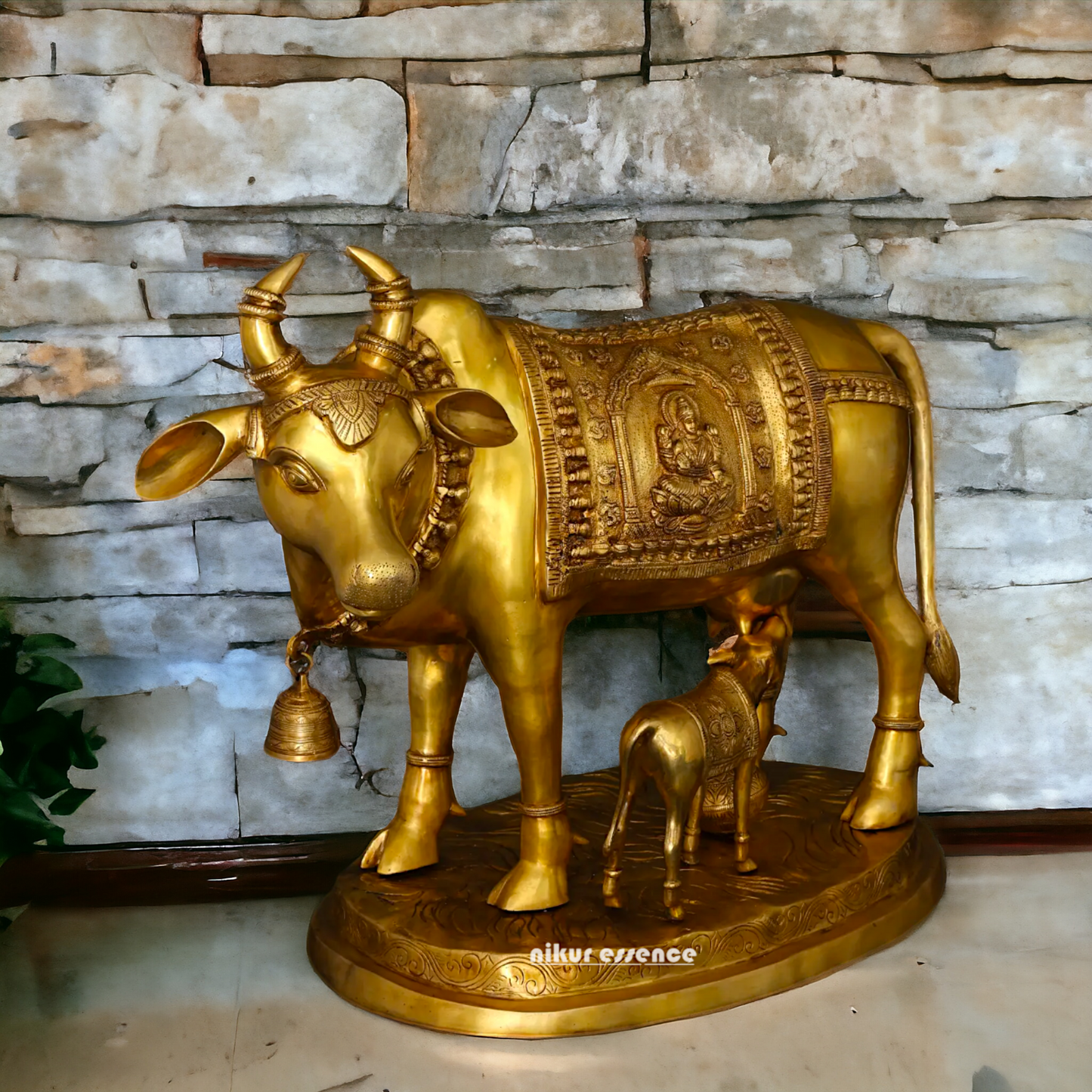 Big Cow kamadhenu with Calf Lakshmi Ganesh figurine Solid Brass idol - 34 Inches Nikuressence