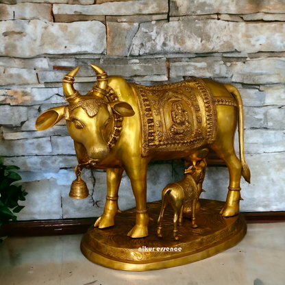 Big Cow kamadhenu with Calf Lakshmi Ganesh figurine Solid Brass idol - 34 Inches Nikuressence