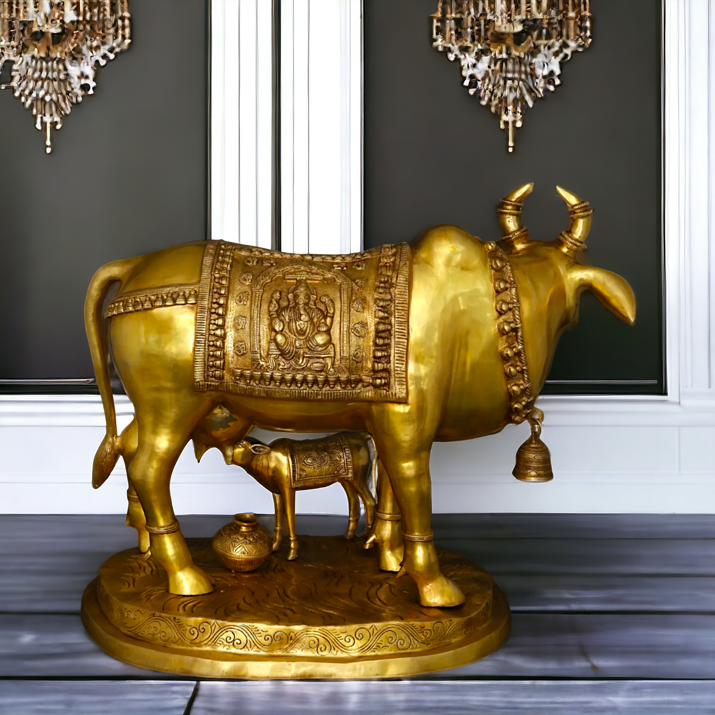 Big Cow kamadhenu with Calf Lakshmi Ganesh figurine Solid Brass idol - 34 Inches Nikuressence