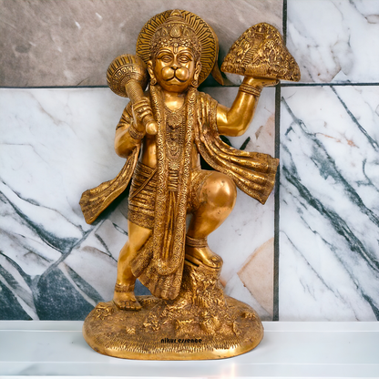 Brass Hanuman holding sanjeevni booti pital ki idol - 15 Inches Nikuressence